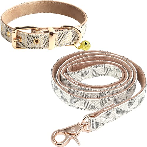 KUDES Hundehalsband aus Leder und 1,2 m Leine, verstellbar, Basic Halsband mit Glöckchen, Leder, Haustierleine, Karomuster, strapazierfähiges Lederhalsband und Leine mit Metallschnalle für kleine, von KUDES