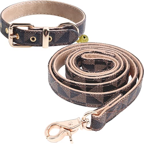 KUDES Hundehalsband aus Leder und 1,2 m Leine, verstellbar, Basic Halsband mit Glöckchen, Leder, Haustierleine, Karomuster, strapazierfähiges Lederhalsband und Leine mit Metallschnalle für kleine, von KUDES