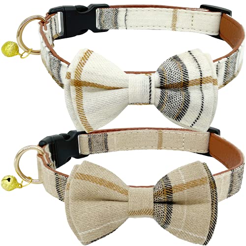 KUDES Hundehalsband mit Schleife, kariert, verstellbar, Glöckchen, ideales Geschenk für kleine, mittelgroße und große Jungen- Mädchenhunde, Beige Braun, Größe M (30 - 45 cm) von KUDES