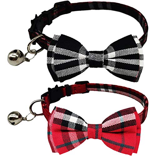 KUDES Katzenhalsband mit Schleife und Glöckchen für Katzen und Welpen, verstellbar von 19 - 26 cm, Rot und Schwarz, kariert, 2 Stück von KUDES