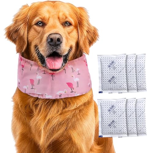 KUDES Kühlendes Halstuch für Hunde mit recycelbaren Kühlakkus, Haustier-Hund, verstellbares Eis-Chill-Out-Halsband, Schal für Katzen, kleine, Sommer (rosa Flamingo, Medium) von KUDES