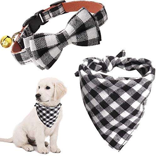 KUDES Set mit kleinen Hundehalsband, Breakaway und Bandana, Set mit Glöckchen, verstellbarer karierter Fliege und Schal, Dreieck-Lätzchen, Halstuch für Welpen (schwarz kariert, Größe S (24,9 - 35,6 von KUDES