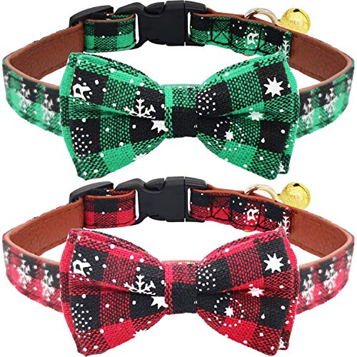 KUDES Weihnachts-Hundehalsband, Schneeflocken-Design, mit Fliege und Glöckchen, für Katzen und kleine, mittelgroße und große Haustiere, Rot und Grün, Größe M, 2 Stück von KUDES