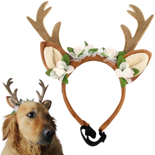 Rentierohren-Geweih-Stirnband für Hunde und Katzen, verstellbar, Waldblume, Elchhut, Kopfbedeckung, Haustier-Hirschhaar, Cosplay-Kostüm, Zubehör für Halloween, Frohe Weihnachten (Größe L (für von KUDES