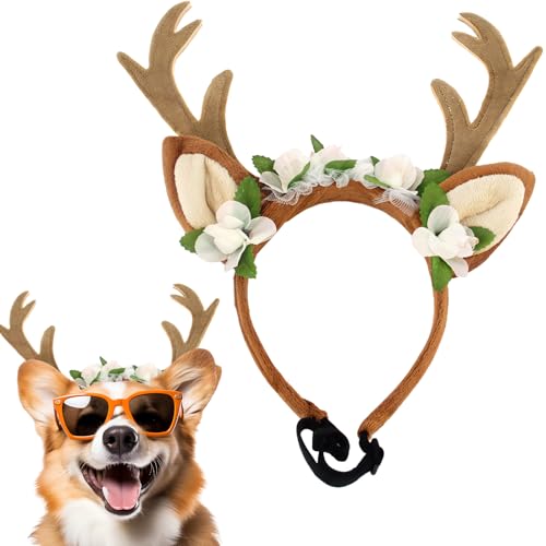 Rentierohren-Geweih-Stirnband für Hunde und Katzen, verstellbar, Waldblume, Elchhut, Kopfbedeckung, Haustier-Hirschhaar, Cosplay-Kostüm, Zubehör für Halloween, Frohe Weihnachten (M (für kleine und von KUDES