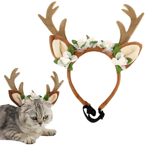 Rentierohren-Geweih-Stirnband für Hunde und Katzen, verstellbar, Waldblume, Elchhut, Kopfbedeckung, Haustier-Hirschhaar, Cosplay-Kostüm, Zubehör für Halloween, Frohe Weihnachten (S (für Katzen und von KUDES