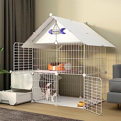 Kleintier-Laufstall, DIY-Katzenkäfig mit Tür und geschlossener Katzentoilette, Haustier-Laufstall, Katzengehege, Faltbarer Zaun, Hofbarriere für den Innenbereich (Größe: 111 x 49 x 109 cm, F von KUENCE