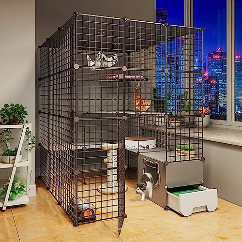 Kleintier-Laufstall, Katzenhütte, Catio-Katzengehege im Freien, DIY-Katzenlaufstall, Katzenkäfige für drinnen, groß, mit Katzentoilette, großer Übungsplatz (Größe: 111 x 141 x 145 cm) von KUENCE