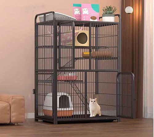 Katzenkäfig für den Innenbereich mit Doppeltür-Design, Dachfenster und Tor, oberes Regal-Design mit leicht zu reinigender Wanne – verstärktes Stoßfängerschloss für Tiere von KUMIAO