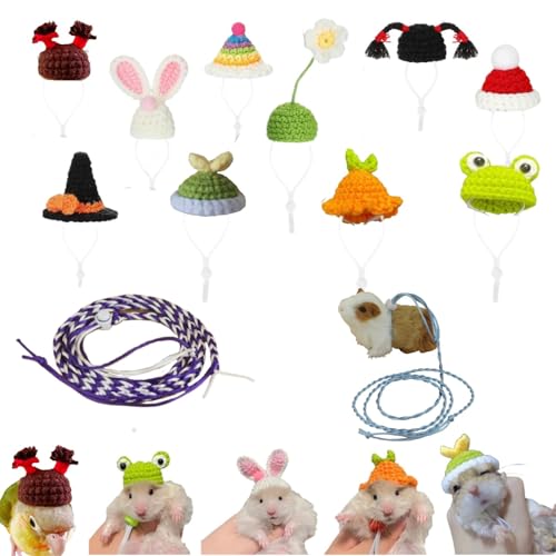 11-teiliges Hamsterhut, niedlicher kleiner Mini-Hut, handgestrickter Kleintierhut und handgewebtes Traktionsseil-Set für Haustiere, Eidechsen, Hamster, Meerschweinchen, Urlaub, Party, Kostüm, Zubehör, von KUNBIUH