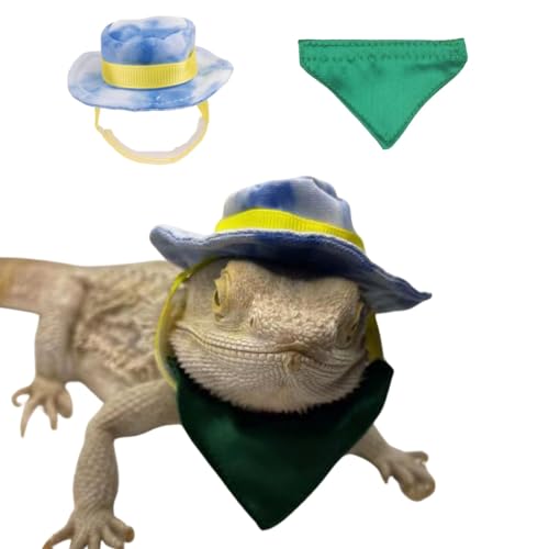 Bartdrache Cowboyhut und Bandana-Set, verstellbar, Eidechse, Reptilienkostüm, coole Haustierkappe, Halloween-Kostüm, Foto-Requisiten für Gecko, Chamäleon, Amphibien, Frettchen, Hamster (blau) von KUNBIUH