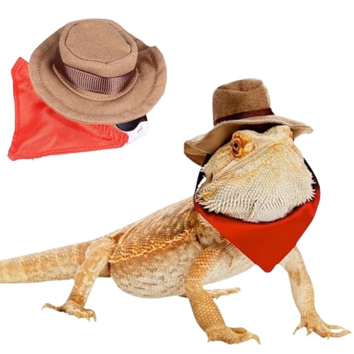 Bartdrache Cowboyhut und Bandana-Set, verstellbar, Eidechse, Reptilienkostüm, coole Haustierkappe, Halloween-Kostüm, Foto-Requisiten für Gecko, Chamäleon, Amphibien, Frettchen, Hamster (braun) von KUNBIUH