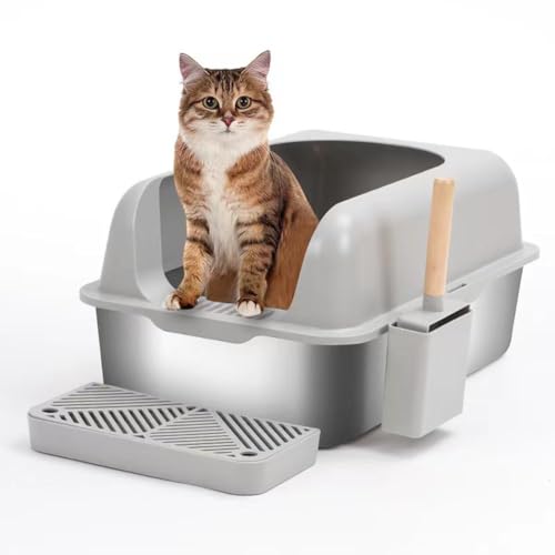 KUNWU Edelstahl-Katzentoilette XL – 61 x 40,6 x 30,5 cm mit Gehäusedeckel, Schaufel und Stufe, extra groß, leicht zu reinigen, nimmt keinen Geruch auf (Anti-Blitz-Weiß, abgerundet, 61 x 40,6 x 30,5 von KUNWU