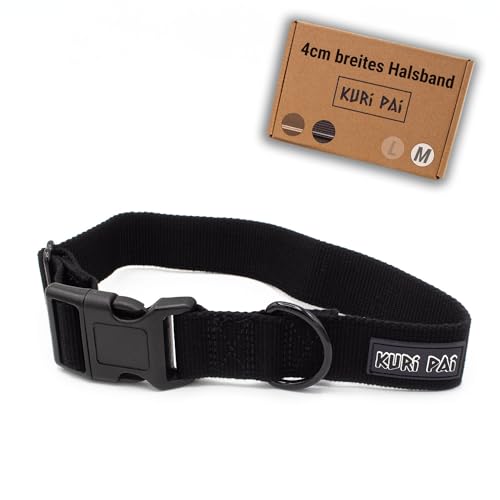 KURI PAI® Hundehalsband | Extra Breites, Verstellbares Halsband Hund aus Bambusviskose | Ergonomisch, Ideal für große Hunde, in Schwarz mit schwarzen Metallteilen (Größe M) von KURI PAI