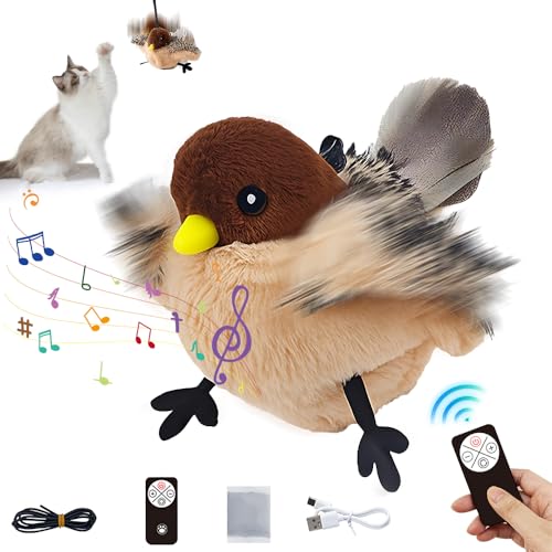 KUWUNG Katzenspielzeug Vogel, Elektrisch Vogelspielzeug für Katzen, Fliegender Vogel katzenspielzeug mit Fernbedienung und USB-Ladekabel, Geräusche Macht Vogel Katzenspielzeug, Flapping Bird Cat Toy von KUWUNG