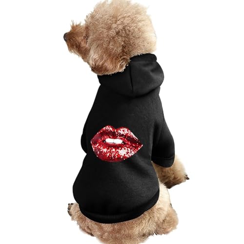 Hunde-Kapuzenpullover mit Paillettenlippe, rot, Bedruckt, lustiges Winter-Hunde-Sweatshirt, Katzen-Kapuzen-Welpen-Outfit, süßes Kostüm für kleine, mittelgroße und große Hunde und Katzen von KWQDOZF