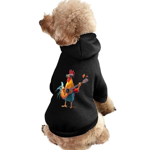 Hunde-Kapuzenpullover mit hübschem Hahn, der Gitarre spielt, Bedruckt, lustiges Winter-Hunde-Sweatshirt, Katzen-Kapuzen-Welpen-Outfit, süßes Kostüm für kleine, mittelgroße und große Hunde und Katzen von KWQDOZF