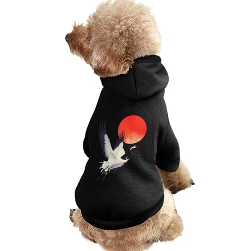 Japanischer Kranich mit roter Sonne, Hunde-Kapuzenpullover, Bedruckt, lustiges Winter-Hunde-Sweatshirt, Katzen-Kapuzen-Welpen-Outfit, süßes Kostüm für kleine, mittelgroße und große Hunde und Katzen von KWQDOZF