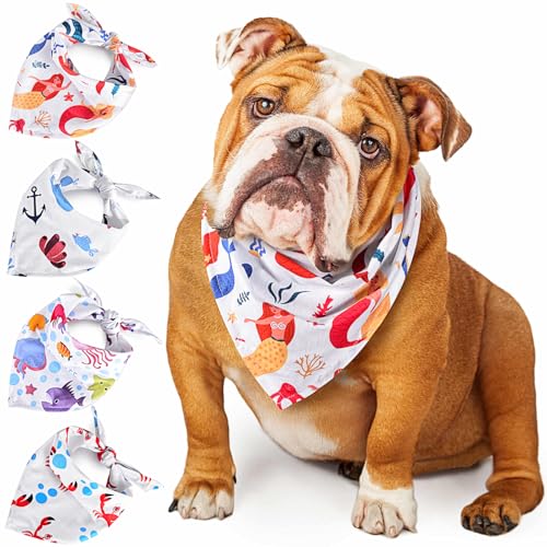 KXK Hundehalstücher für Hunde, 4 Stück, Bandana für Hunde mit Meerestiermuster, waschbar, dreieckig, aus Baumwolle, für kleine und mittelgroße Hunde (Halsumfang bis 45,7 cm) von KXK