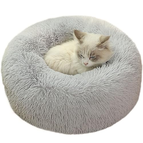 KYMMPL Flauschiges Donut-Hundebett, langes Plüsch, beruhigendes Katzenbett, rundes Kuschelbett mit rutschfester Unterseite, Anti-Angst-Haustierbett (110 cm, grau1) von KYMMPL