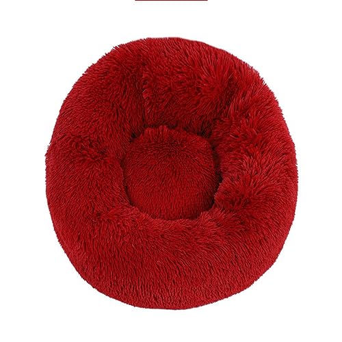 KYMMPL Flauschiges Donut-Hundebett, langes Plüsch, beruhigendes Katzenbett, rundes Kuschelbett mit rutschfester Unterseite, Anti-Angst-Haustierbett (110 cm, rot) von KYMMPL