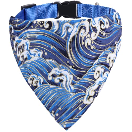 KZHAREEN Hundehalsband mit Bandana, japanischer Stil, Wave Blue, Medium, Geometrisch, Festlich, Nylon, Reversibel, Einstellbar von KZHAREEN