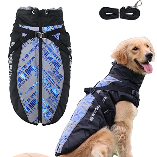 KZLAA Extra Warme Hundejacke für Große Hunde, Wasserdicht Winter Große Hundemäntel, Winddichte Haustierjacke mit Pelzkragen für Wandern Camping, Reflektierende Hundeweste für Große Hunde Flash Blau 4XL von KZLAA