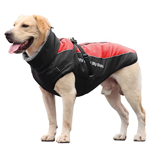 KZLAA Extra Warme Hundejacke für Große Hunde, Winddichte Haustierjacke mit Pelzkragen für Wandern Camping, Reflektierende Hundeweste mit Reißverschlussschutz für Große Hunde Rot 3XL von KZLAA