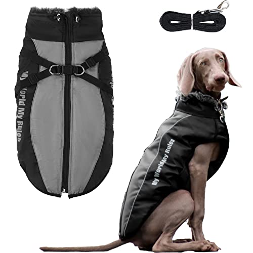 KZLAA Extra warme Hundejacke für große Hunde, Winddichte Haustierjacke mit Pelzkragen für Wandern Camping, Reflektierende Hundeweste mit Reißverschlussschutz für große Hunde Grau 3XL von KZLAA