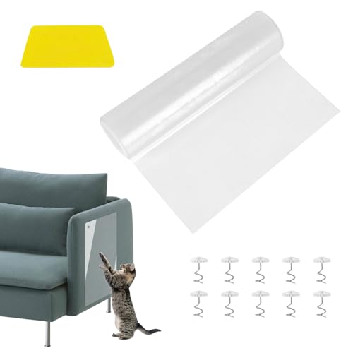 Kratzschutz Sofa Katze Tape, Anti Kratz Folie für Katzen, 5m x 45cm Kratzfolie Katzen Selbstklebend, Transparentes Kratzschutz Sofa Katze Pad mit Befestigungsnägeln&Wandschabern (5m*45cm) von Kaezuy