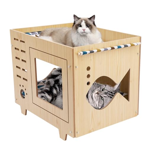 Kaichenyt Katzenhaus, Holz Katzenhöhle mit Matratze Katzenbett Innenraum Hundehütte für Katzen Welpen Hund Kleintiere Haustiernest 55 * 40 * 44cm von Kaichenyt