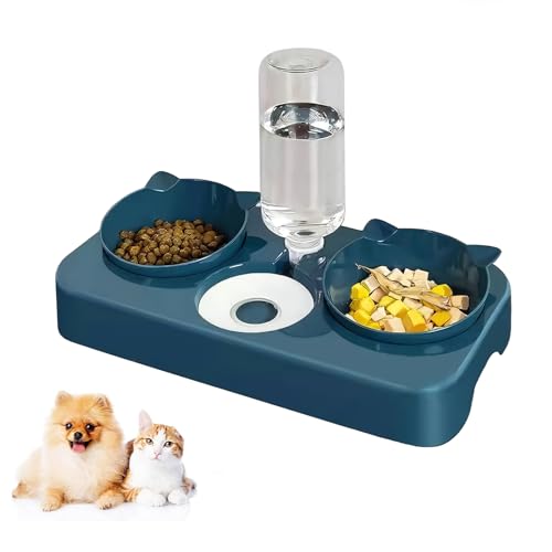 Futternapf Katze,3 in 1Futternapf Katzen,mit automatischem Wasserspender,Neigbar Katzennäpfe Abnehmbar,Doppelte Futternapf kleine und mittlere Katzen und Hunde (Blau) von Kakbrt