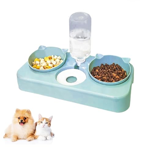 Futternapf Katze,3 in 1Futternapf Katzen,mit automatischem Wasserspender,Neigbar Katzennäpfe Abnehmbar,Doppelte Futternapf kleine und mittlere Katzen und Hunde (Grün) von Kakbrt