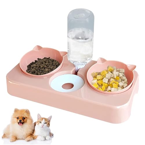 Futternapf Katze,3 in 1Futternapf Katzen,mit automatischem Wasserspender,Neigbar Katzennäpfe Abnehmbar,Doppelte Futternapf kleine und mittlere Katzen und Hunde (Rosa) von Kakbrt