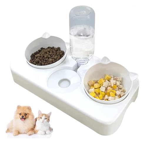 Futternapf Katze,3 in 1Futternapf Katzen,mit automatischem Wasserspender,Neigbar Katzennäpfe Abnehmbar,Doppelte Futternapf kleine und mittlere Katzen und Hunde (Weiß) von Kakbrt