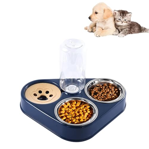 Futternapf Katze,Rostfreier Stahl Fressnapf,3 in 1Futternapf Katzen,mit automatischem Wasserspender,Doppelte Futternapf kleine und mittlere Katzen und Hunde (Blau) von Kakbrt