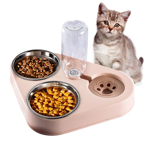 Futternapf Katze,Rostfreier Stahl Fressnapf,3 in 1Futternapf Katzen,mit automatischem Wasserspender,Doppelte Futternapf kleine und mittlere Katzen und Hunde (Pink) von Kakbrt