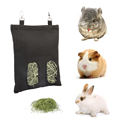 Kaket Kaninchen-Heu-Futterbeutel, Meerschweinchen-Heu-Futterspender mit drehbaren Haken, hängende Futtertasche für Kaninchen, Meerschweinchen, Chinchilla (Schwarz) von Kaket