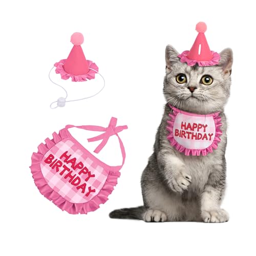 Kaket Katze Geburtstag Outfit, Welpe Geburtstag Lätzchen, Kleine Hund Geburtstag Party Hut, Hundegeburtstag Bandana, Haustier Geburtstag Zubehör (Pink 2) von Kaket