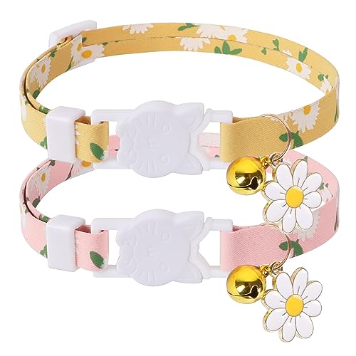 Katzenhalsband, Schnellverschluss mit Glöckchen, Blumen-Charms und Sicherheitsschnalle, verstellbar, weiches Blumenmuster, Haustierhalsband für Katzen, Welpen, kleine Haustiere (gelb + pink) von Kaket