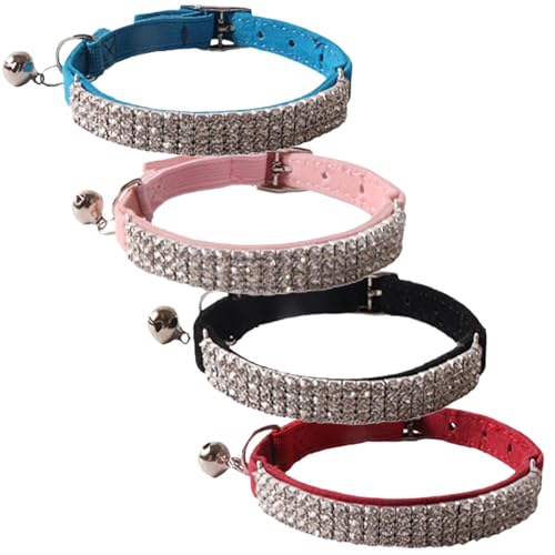 4pcs Strasskatze Katzenkragen, weicher samtverstellbarer Katzenkragen mit Glocken, 4 Farben Leichte Komfort -Stylish Cat Breakaway -Kragen für Kätzchenpuppen, Strass Cat Carrar von Kalastussaari