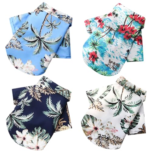 Hund Hawaiian Hemden, 4pcs Sommer Haustierkleidung, atmungsaktives kurzes T-Shirt, Kokosnussbaummuster Hundes Sommer-Outfits für 4,5-5,5 kg Haustier von Kalastussaari