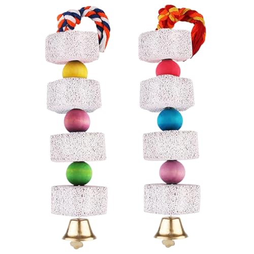 Vogelschnabel Schleifstein 2pcs Natural Cockatiel Kaninchenspielzeug mit Glocken süßer Papagei Vogelkauen Spielzeug Lava Block Calcium ergänzen Lebensmittel für Kaketiel Conure, Farbe zufällig von Kalastussaari