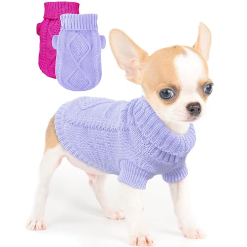 Chihuahua-Pullover für kleine Hunde, Frühling, Winter, niedlicher Strickpullover, Rollkragen, dicke warme Kleidung für Yorkie-Katzen, extra kleine Hundekleidung (XS, kariert, rosa + lila), 2 Stück von Kallfir's cutie