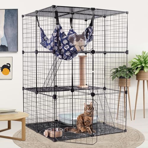 Kalolary 3 * 2 * 3 Katzenkäfig, DIY Kleintierkäfig Abnehmbarer Käfig für Kleintiere mit Katzennapf Hängematte Kratzbaum Katzentoilette für Katzen, Chinchillas, Kaninchen und Kleintiere von Kalolary