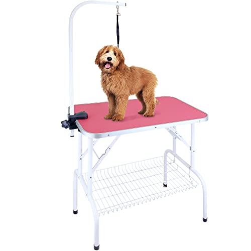 Kalolary 32inch Hund Trimmtisch Schertisch Hundepflegetisch, Hundepflegetisch klappbar, Tierpflegetisch mit Unterkorb und Schlingen, Stabil Höhenverstellbar klappbar Hunde Trimmtisch(Rosa) von Kalolary