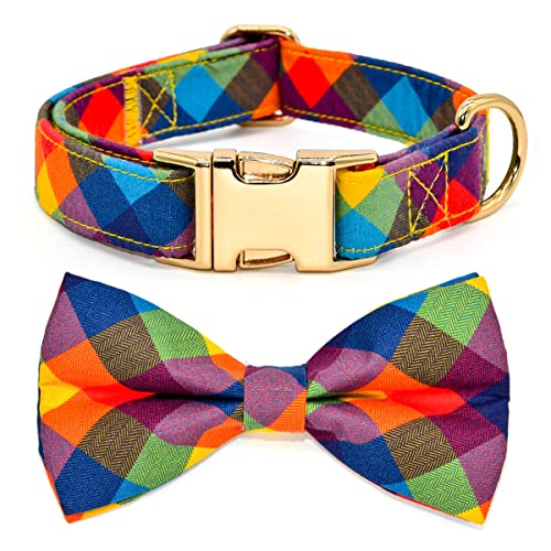 Hundehalsbänder mit Fliege, Regenbogen Plaid Fliege Zubehör für Hunde, Gold Metall Zubehör Halsbänder für kleine, mittelgroße und große Hunde, L (15"-24") von Kamercy