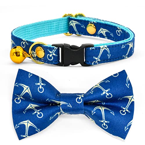 Kamercy Katzenhalsband, Schleife, marineblaue Anker-Katzenhalsbänder, Schleife mit Charms und Glocke, Sicherheitsabbrechung, Katzenhalsband, niedliche Katzen-Outfits, 15,2–25,4 cm von Kamercy