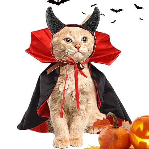 Kapaunn Vampirumhang für Hunde, verstellbarer Vampir-Katzenumhang, Katzen-Halloween-Cosplay-Bekleidung, bunter Haustierumhang mit Horn für kleine, mittelgroße Hunde, Katzen von Kapaunn