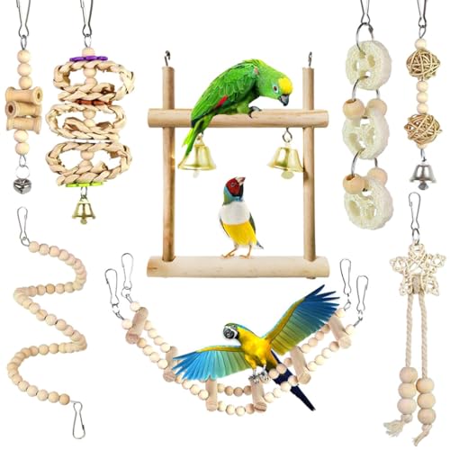 Vogel-Kauspielzeug-Set für Papageien, spiralförmige hängende Papageien-Schaukel, Leiter, wiederverwendbar, Beiß- und Spielspielzeug, 8 Stück von Kapmore